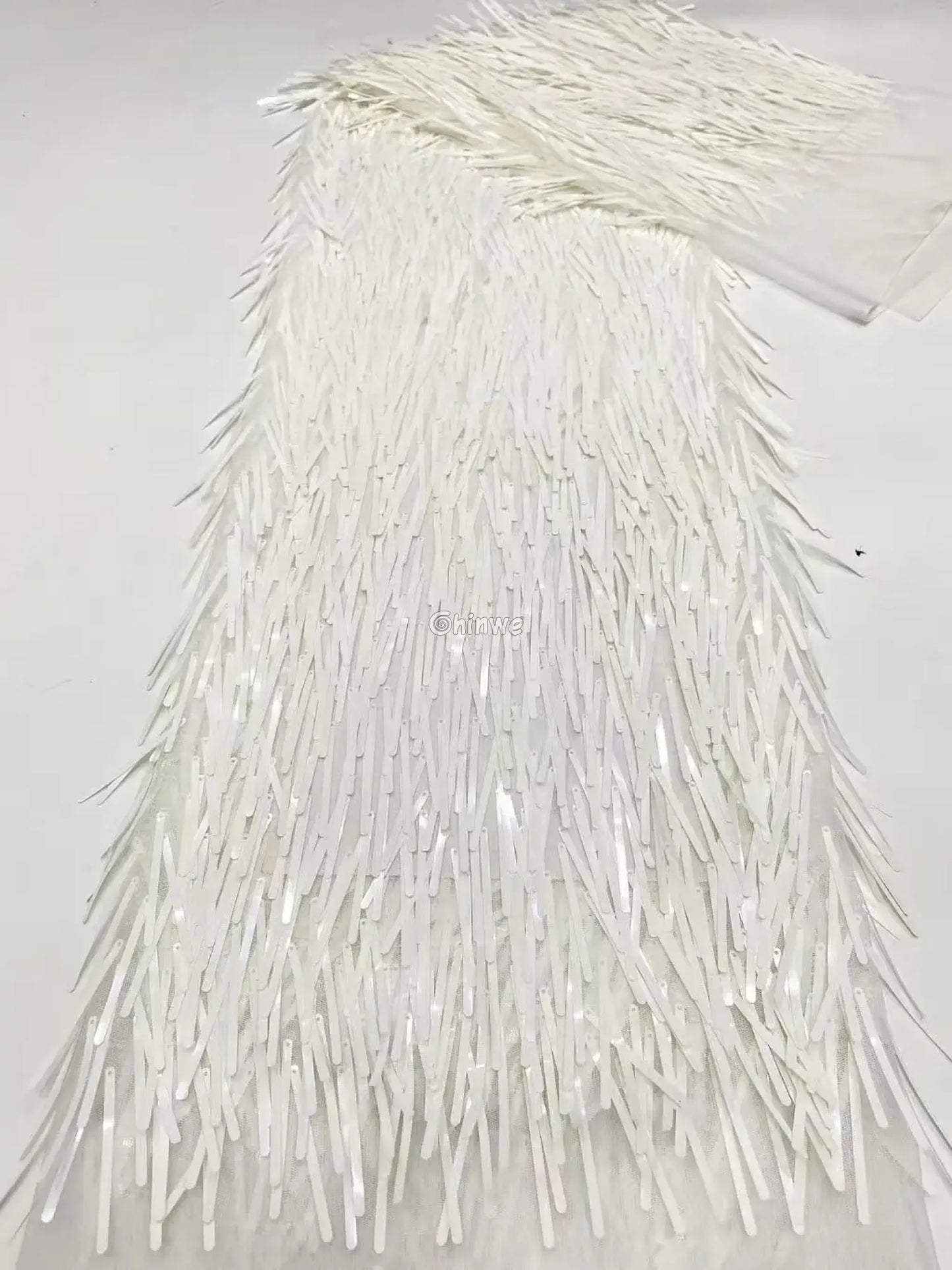 Iridescent Sequin Tinsel Fringe Fabric with Layered Shimmer Strips and Sheer Mesh Base Ivory Frost Fringe / 120cm
