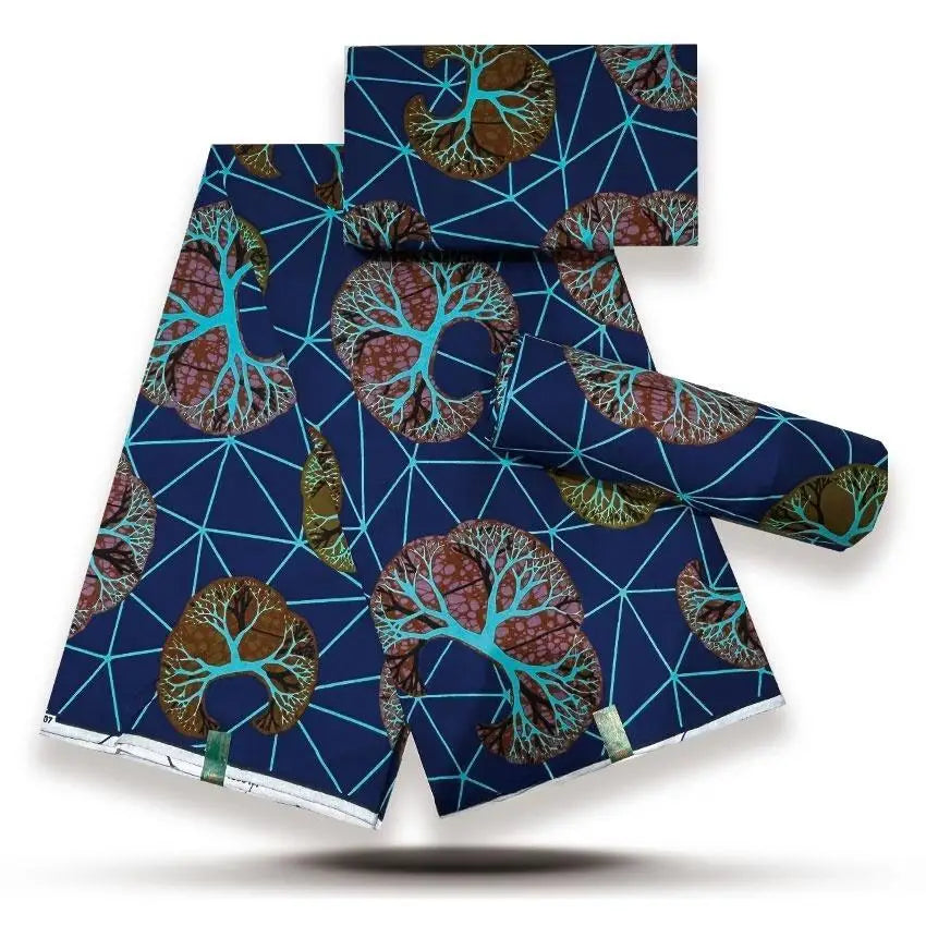 Teal Tree Web Gold Sand Wax Print – Rust Trees on Navy, 100% Cotton, 6 Yards