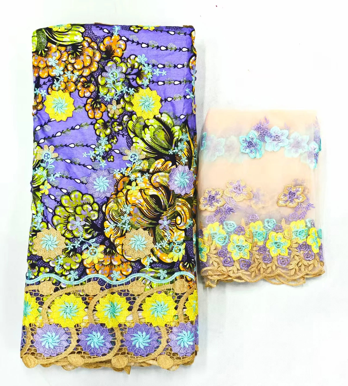 Purple and Peach Embroidered Wax and Lace Set – Guipure Border, 5 Yards
