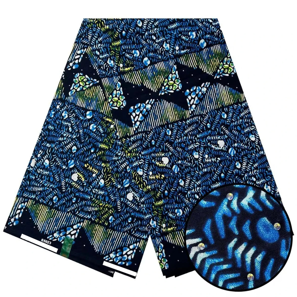 Indigo Leaf Triangle Stoned Wax Print – Blue & Gold, Real Wax with Stones, 6 Yards