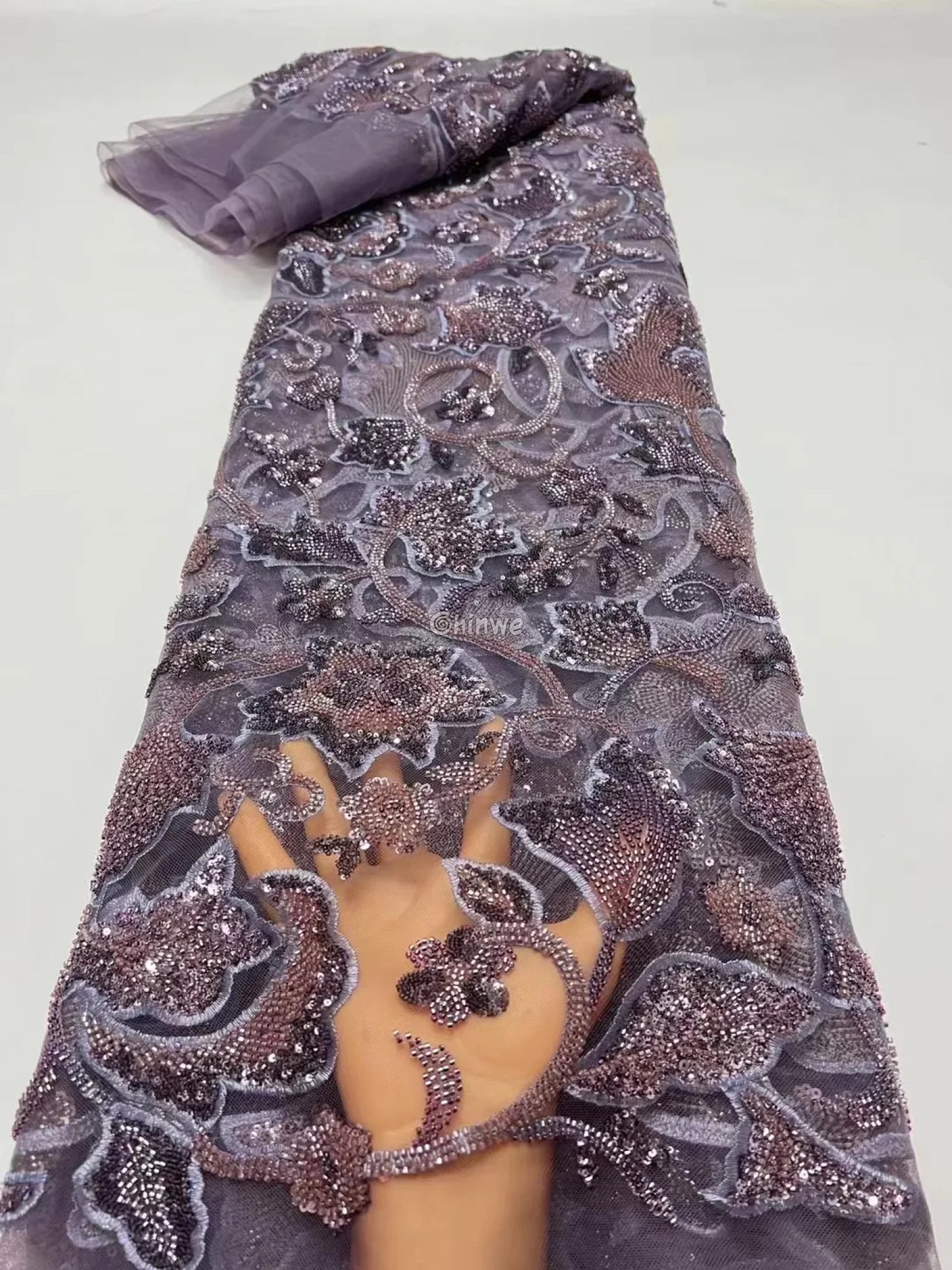 3D Floral Beaded Tulle Lace with Hand Embroidery & Sequins on Mesh Net Base Lavender Smoke / 5yard Lace