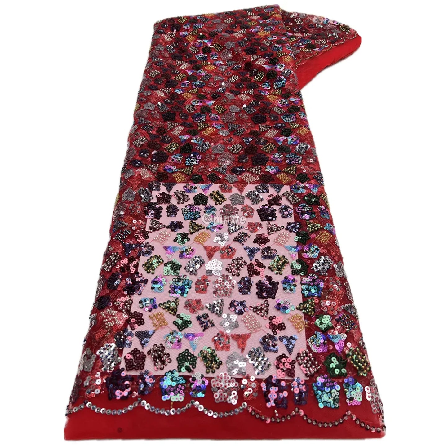 Multicolor Sequin Embroidered Net Lace with Floral Geometric Pattern on Tulle Mesh Crimson Sparkle / 5 Yards / 120cm