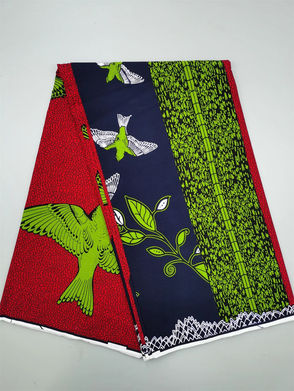 Lime Doves on Red & Navy Ankara Real Wax Print – Bold Panels, 100% Cotton, 6 Yards