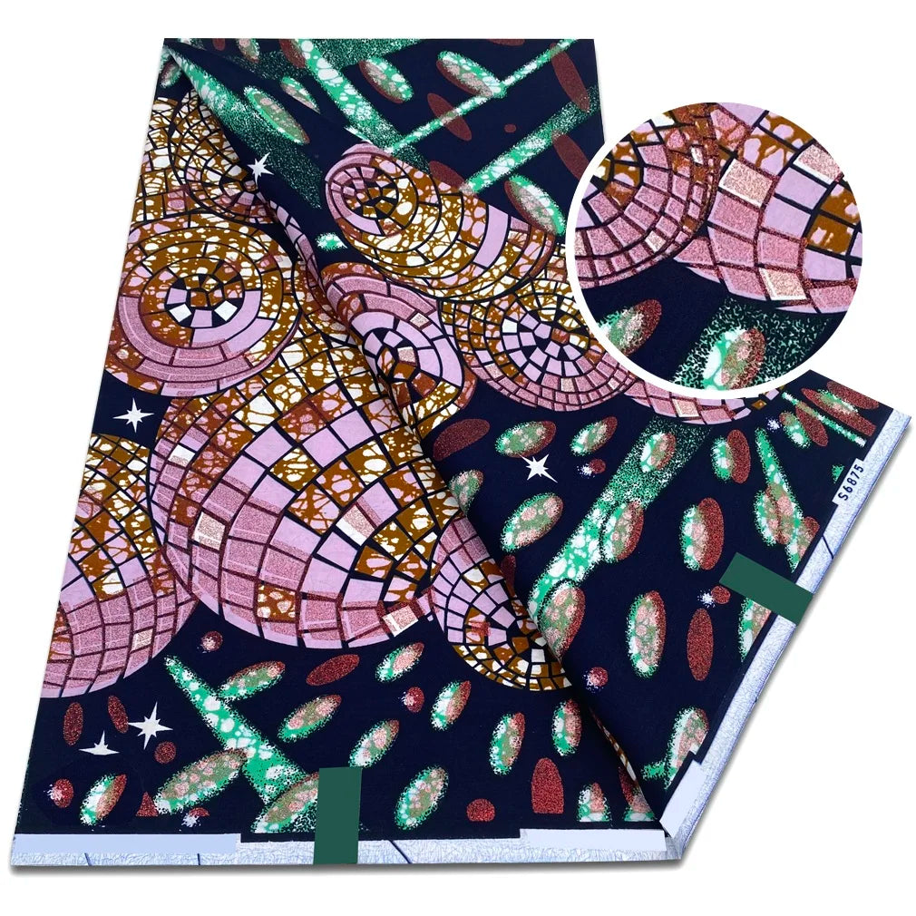 Rose Mosaic Ankara Flash Gold Wax Print Fabric – Pink Stained-Glass Bloom on Navy, 6 Yards