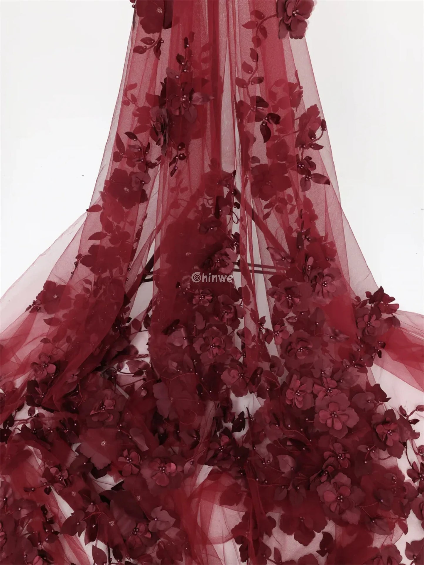 vory Blush Pink Peach & Scarlet Red 3D Floral Appliqué Mesh Lace with Beaded Embroidery