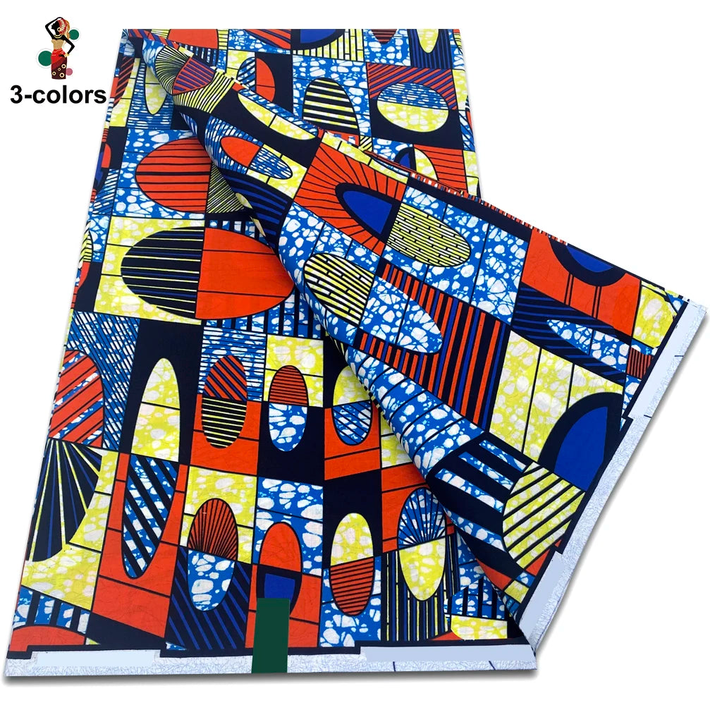 Multicolour Patchwork Tile Ankara Real Wax Print – Navy, Red and Yellow, 100% Cotton, 6 Yards