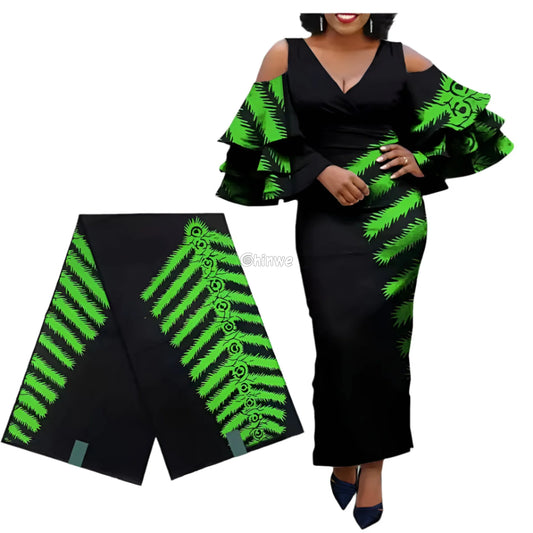 Vivid Fern Stripe Fabric – Green on Black Statement Design Ankara Wax Print Fabric 6 Yards African Wax Print Fabric