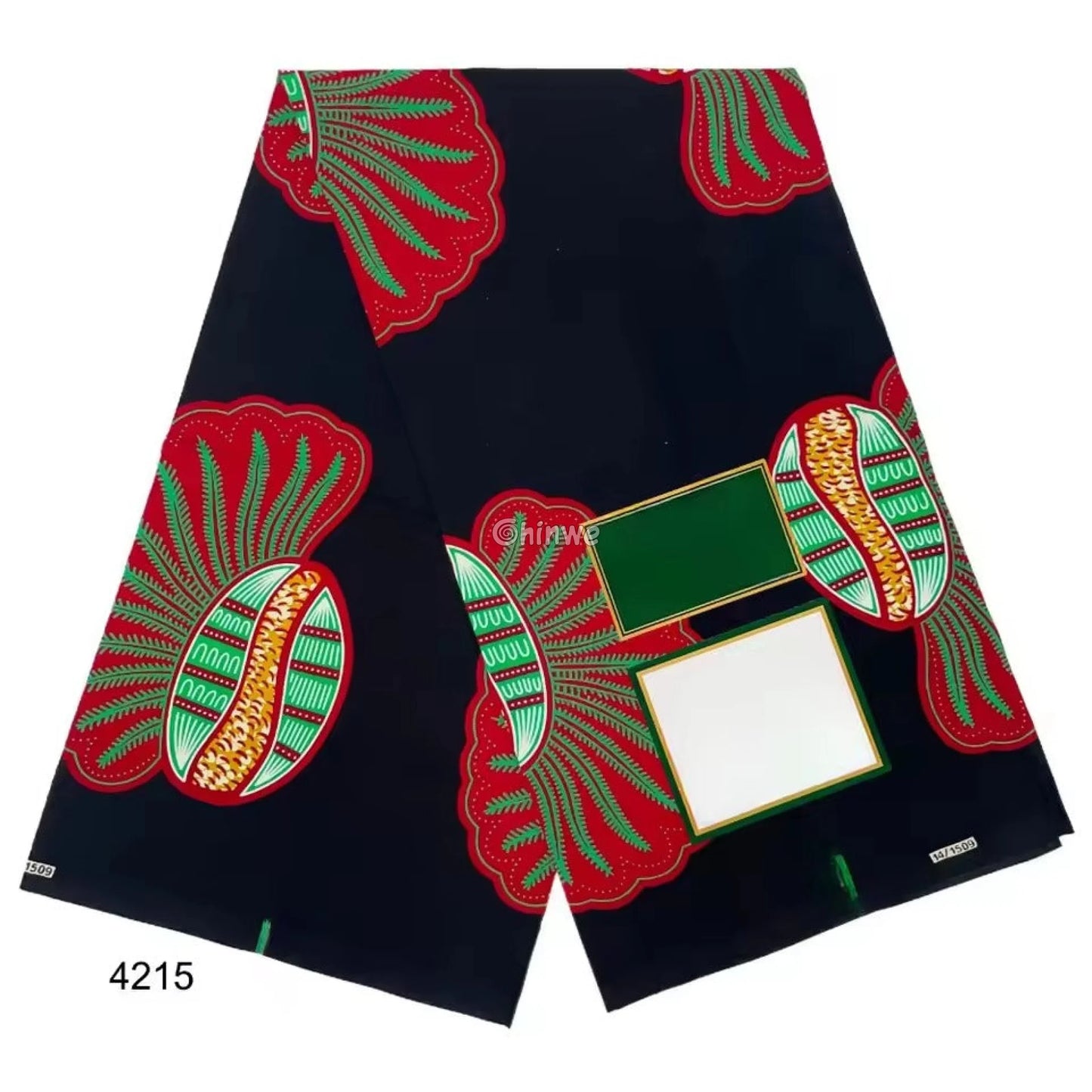 Vibrant Seed Pod Fabric – Red and Green Floral Motif on Black Ankara Wax Print 6 Yards African Wax Print Fabric