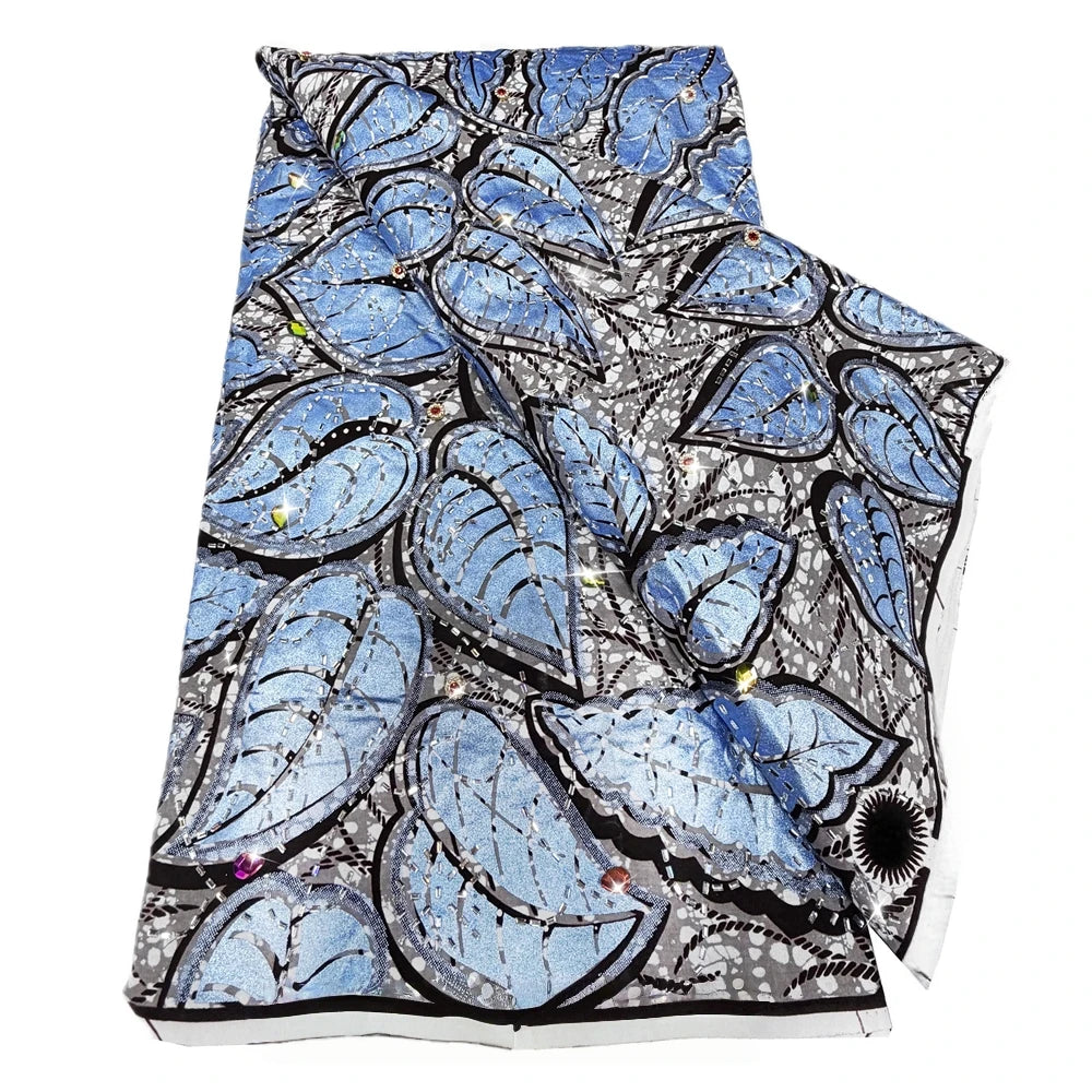 Silver Blue Leaf Stoned Wax Print – Heavyweight Poplin with Stones, 6 Yards