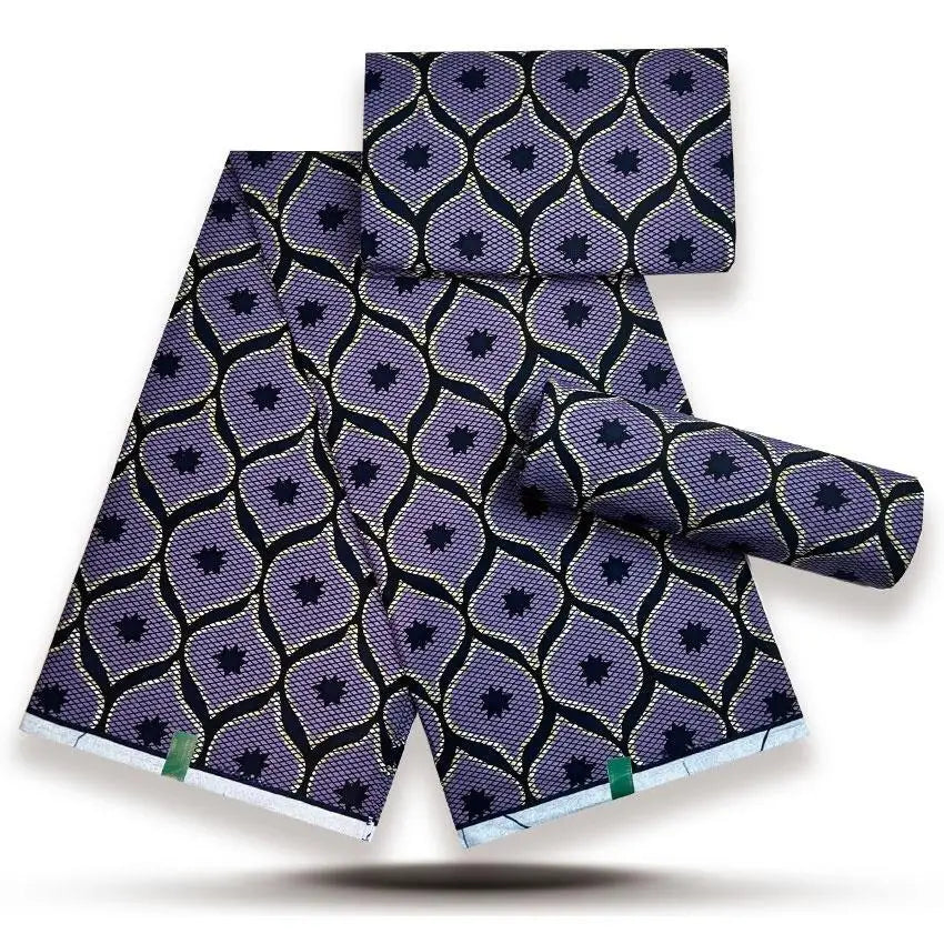 Lilac Ogee Star Gold Sand Wax Print – Navy Outline Tiles, 100% Cotton, 6 Yards