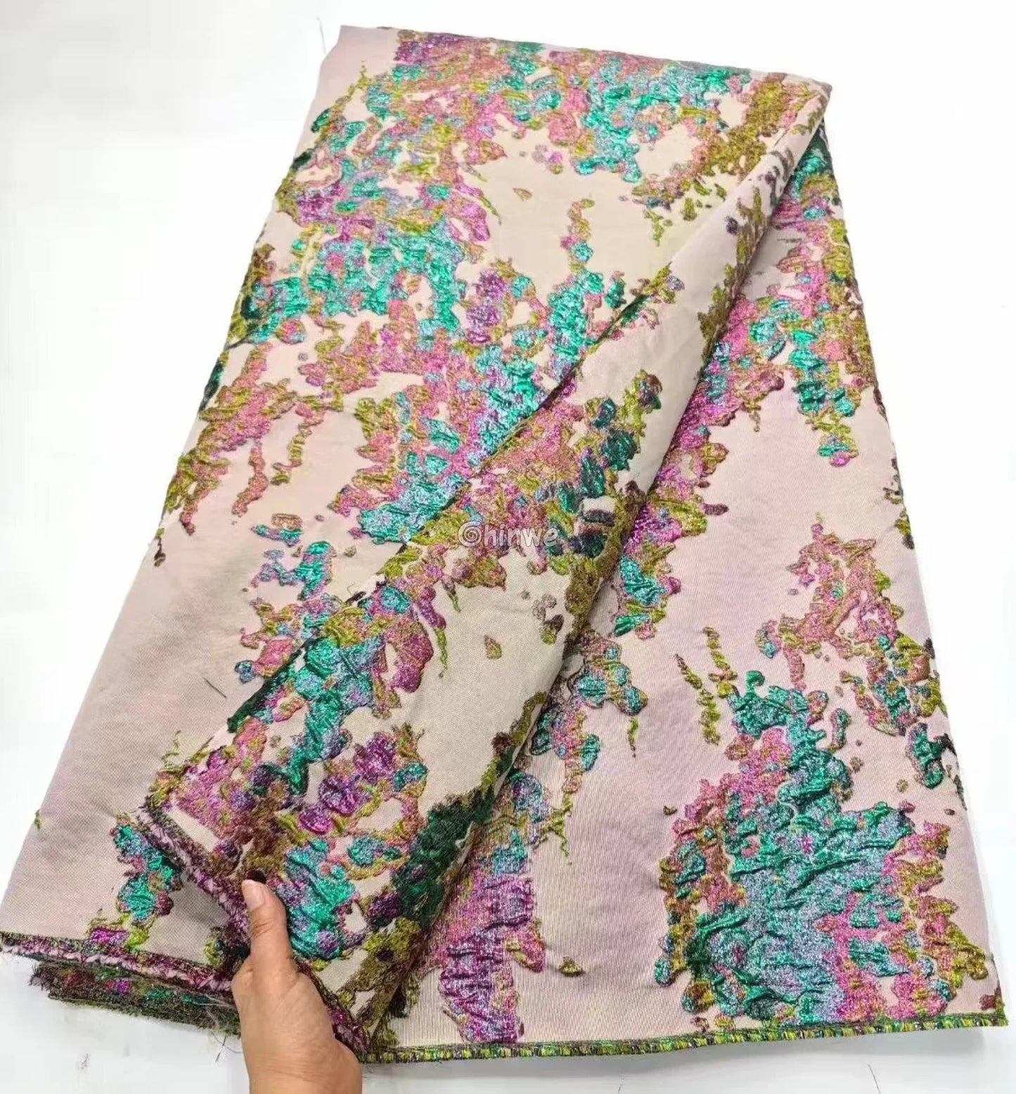 Luxurious Jacquard Brocade with Iridescent Foil Accents & Abstract Marbling Motif Blush Pink Base with Mint & Rose Gold