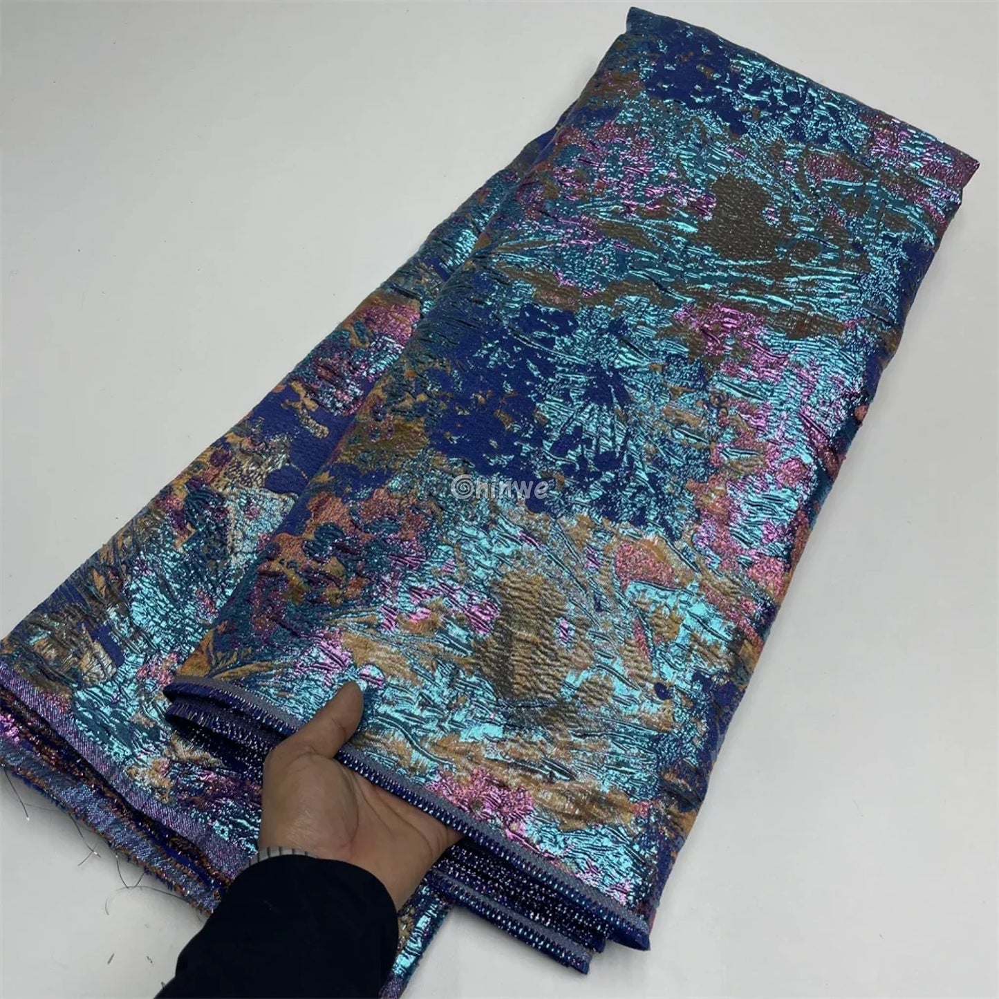 Salouva Premium Jacquard Brocade Lace with Metallic Gold Embroidery & Tulle Base Ocean Teal & Amethyst / 5 yards