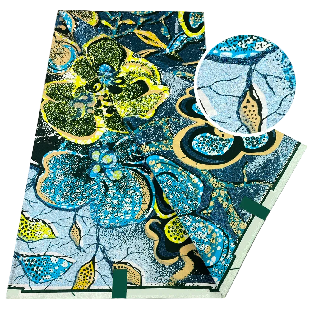 Orchid Bloom Flash Gold Wax Print – Teal & Lime, Cream & Lilac or Navy & Blue, Grand Super Glitter, 6 Yards