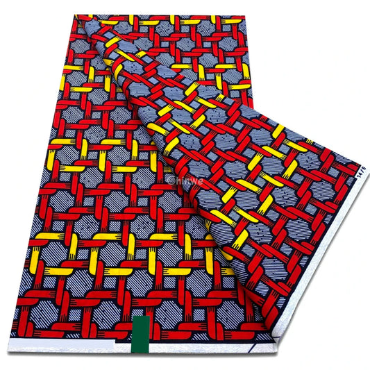 Red yellow and navy geometric interwoven grid print with textured block detailing and linework fill Yellow Navy