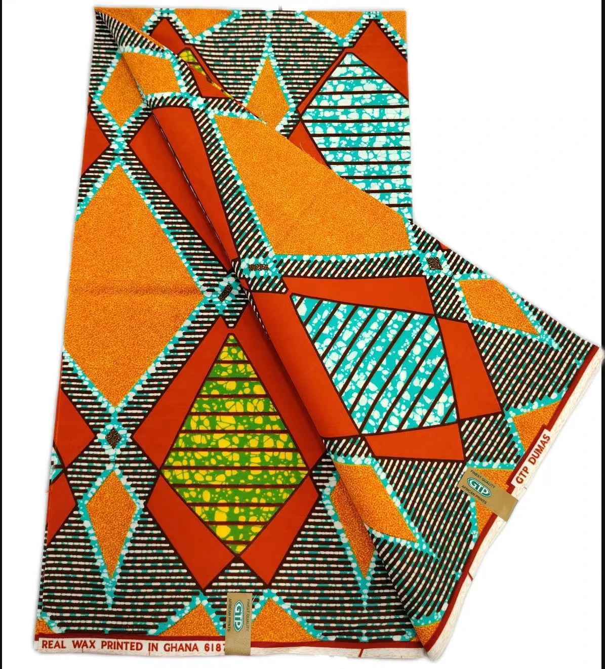 Orange and Teal Geometric Panel Ankara wax print fabric, 6 yards