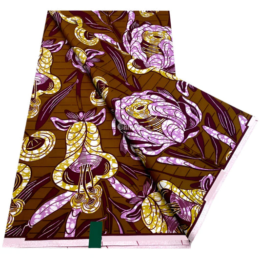 Burnt Sienna Botanical Print with Lilac Roses Yellow Bell Flowers & Linear Background Pattern Burnt Sienna Floral with
