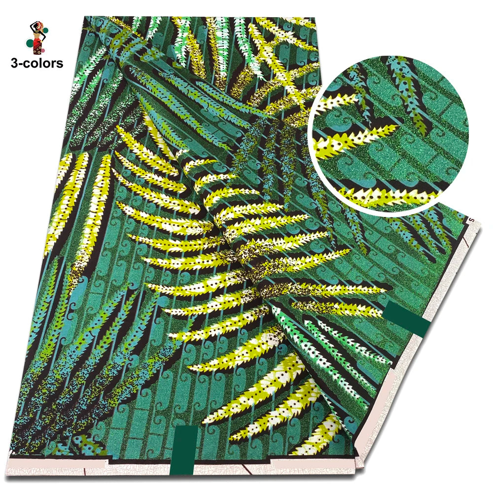 Palm Frond Flash Gold Wax Fabric – Emerald, Pink or Teal, Grand Super Glitter, 6 Yards