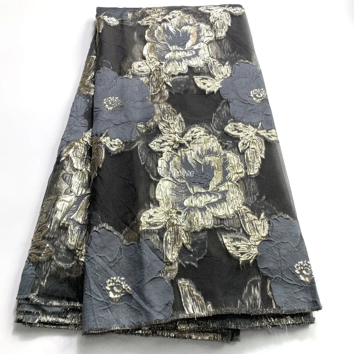 Jacquard Brocade Floral Lace Fabric with Metallic Embroidery and Sheer Mesh Backing Overlay Blue flowers on dark