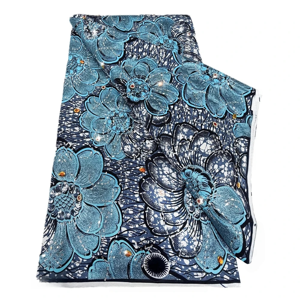 Sky Blue Bloom Stoned Wax Print – Heavyweight Poplin with Stones, 6 Yards
