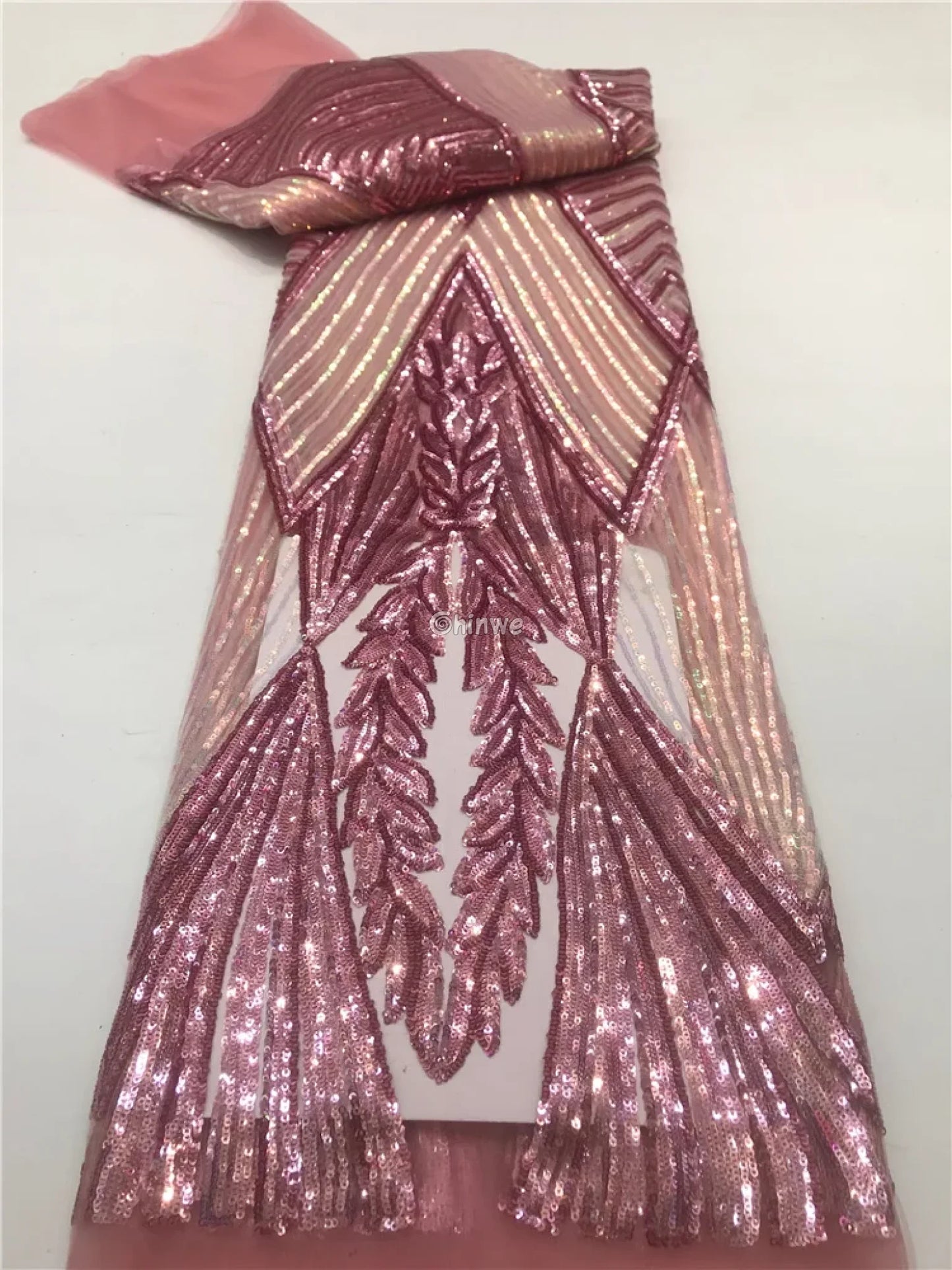 Sequin Embroidered Net Lace with Leaf Motif & Radiant Lines on Sheer Mesh Tulle Base Rose Pink / 5 Yards Lace