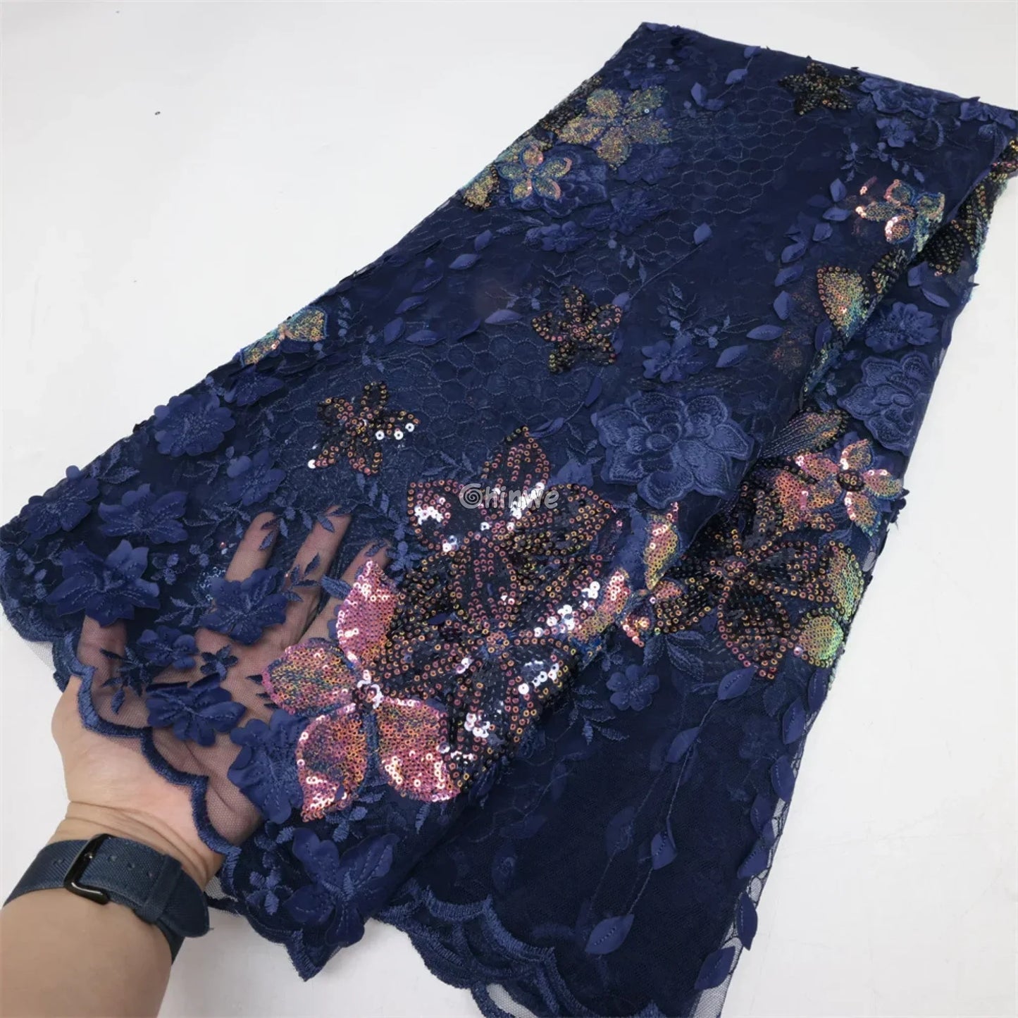 Embroidered 3D Sequin Lace Fabric with Floral Appliqué on Soft Tulle Mesh for Couture Sewing Projects Navy blue with