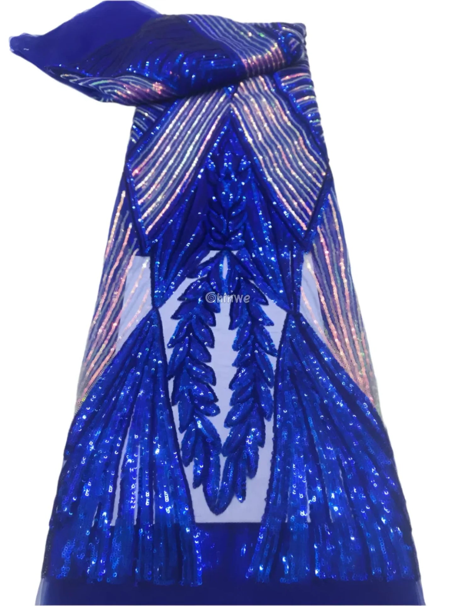 Sequin Embroidered Net Lace with Leaf Motif & Radiant Lines on Sheer Mesh Tulle Base Royal Blue / 5 Yards Lace