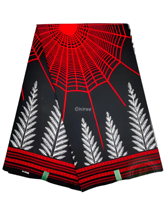 Red and Black Spider Web Ankara Fabric with White Fern Design – Bold African Wax Print Material 6 Yards African Wax