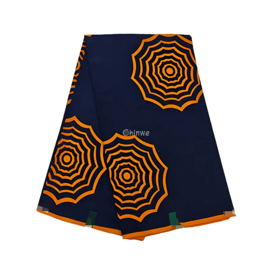 Bold Navy Blue and Orange Ankara Fabric – Striking Geometric Spiral Web Design Wax Print 6 Yards African Wax Print