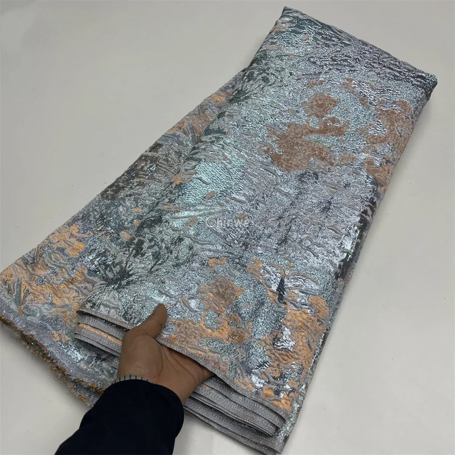 Salouva Premium Jacquard Brocade Lace with Metallic Gold Embroidery & Tulle Base Silver Smoke & Blush / 5 yards / 120cm