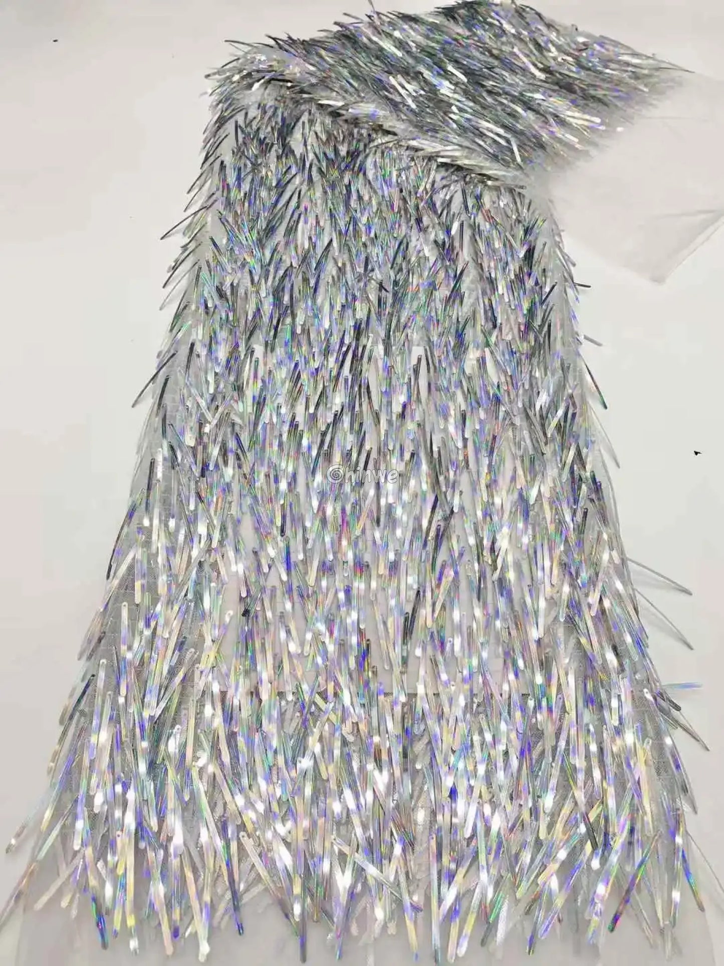 Iridescent Sequin Tinsel Fringe Fabric with Layered Shimmer Strips and Sheer Mesh Base Chrome Shimmer Fringe / 120cm