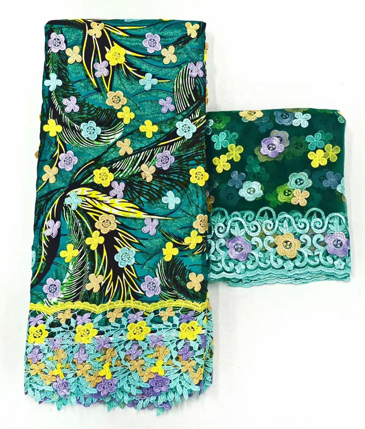 Emerald and Mint Embroidered Wax and Lace Set – Guipure Border, 5 Yards