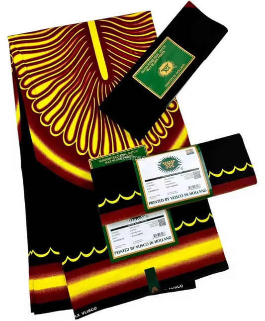 Bold Sunset Radiance Fabric – Black Wax Print with Vibrant Yellow and Red Circular Design 6 Yards African Wax Print
