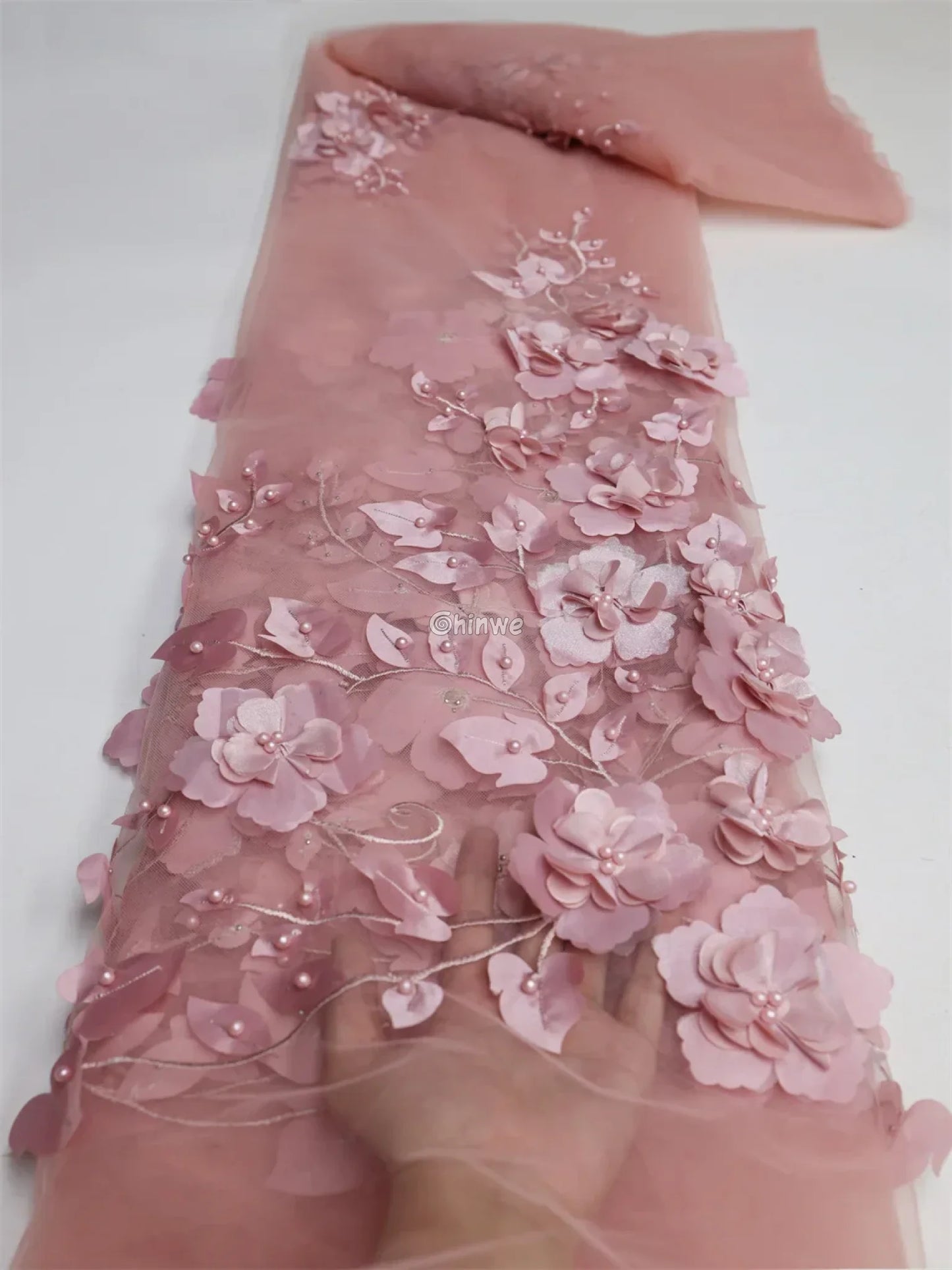 vory Blush Pink Peach & Scarlet Red 3D Floral Appliqué Mesh Lace with Beaded Embroidery Dusty Rose / 2 Yards / 120cm