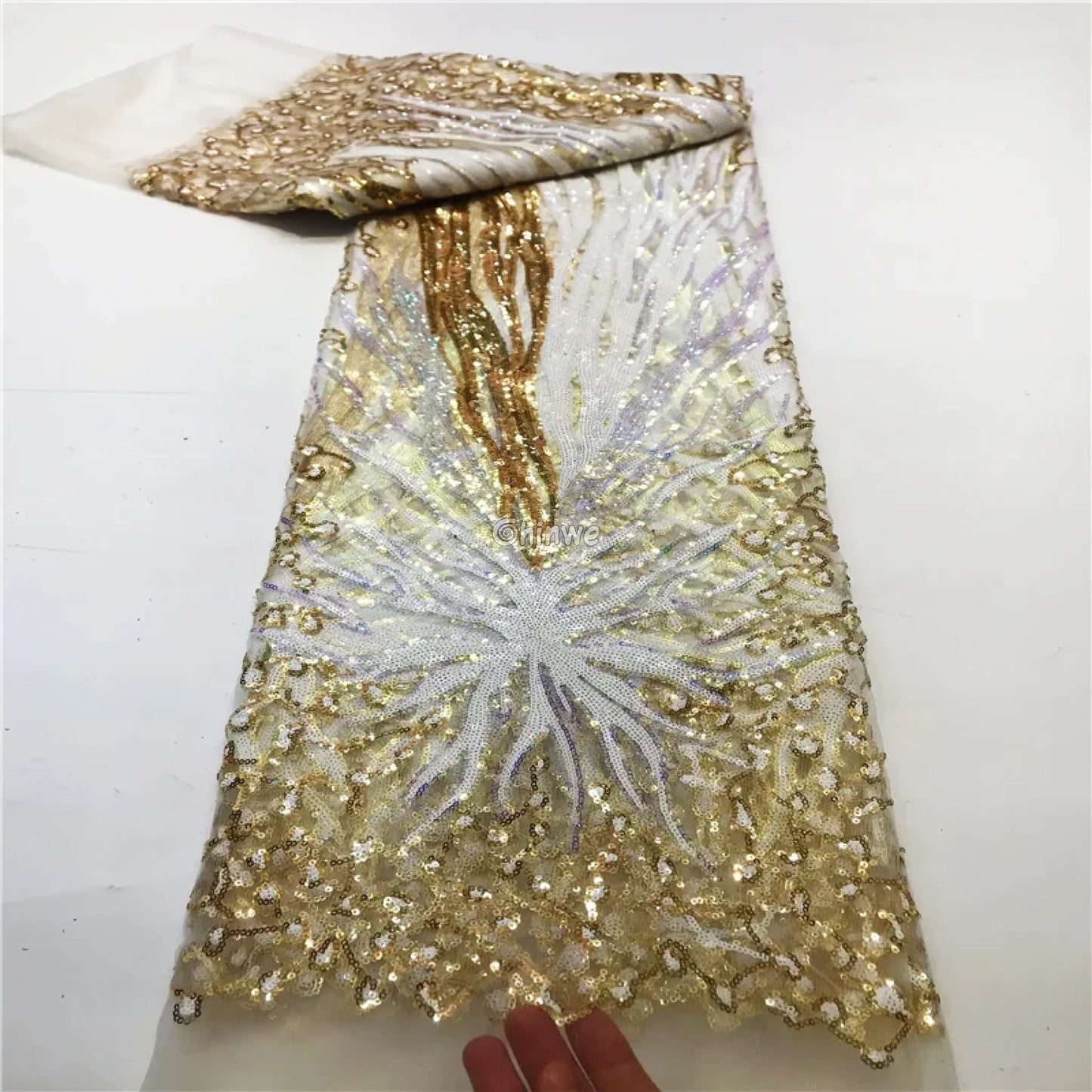 Sequined Burst Embroidered Net Lace with Radiant Flame Motif on Tulle Mesh Champagne Firework / 5 Yards Lace