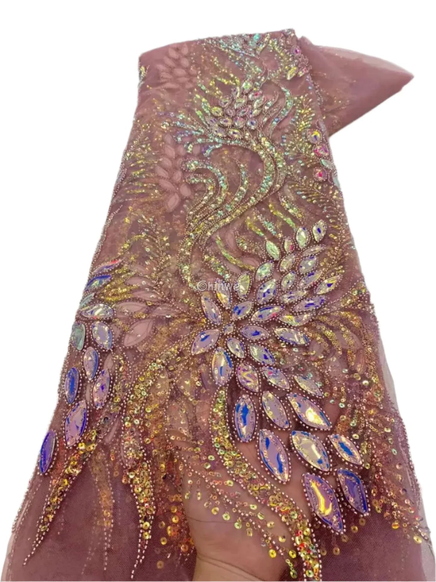 Beaded Scroll Motif Mesh Lace with Gemstone Appliqués & Sequin Embellishment Dusty Rose / 5 Yards / 120cm Lace