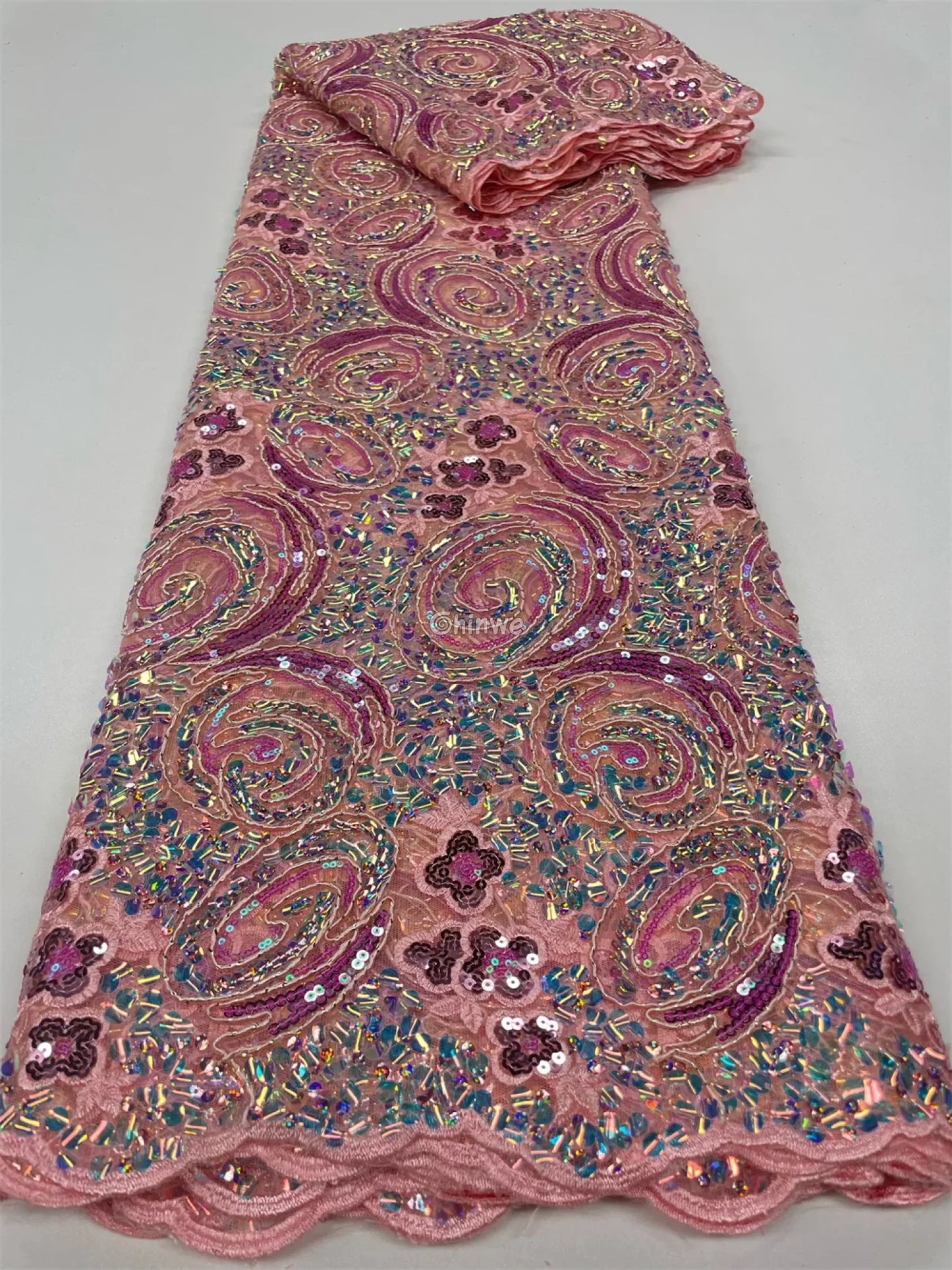 Sequined Spiral Paisley Lace with Beaded Floral Detailing on Sheer Mesh Base Pink and teal swirl with gold sequin