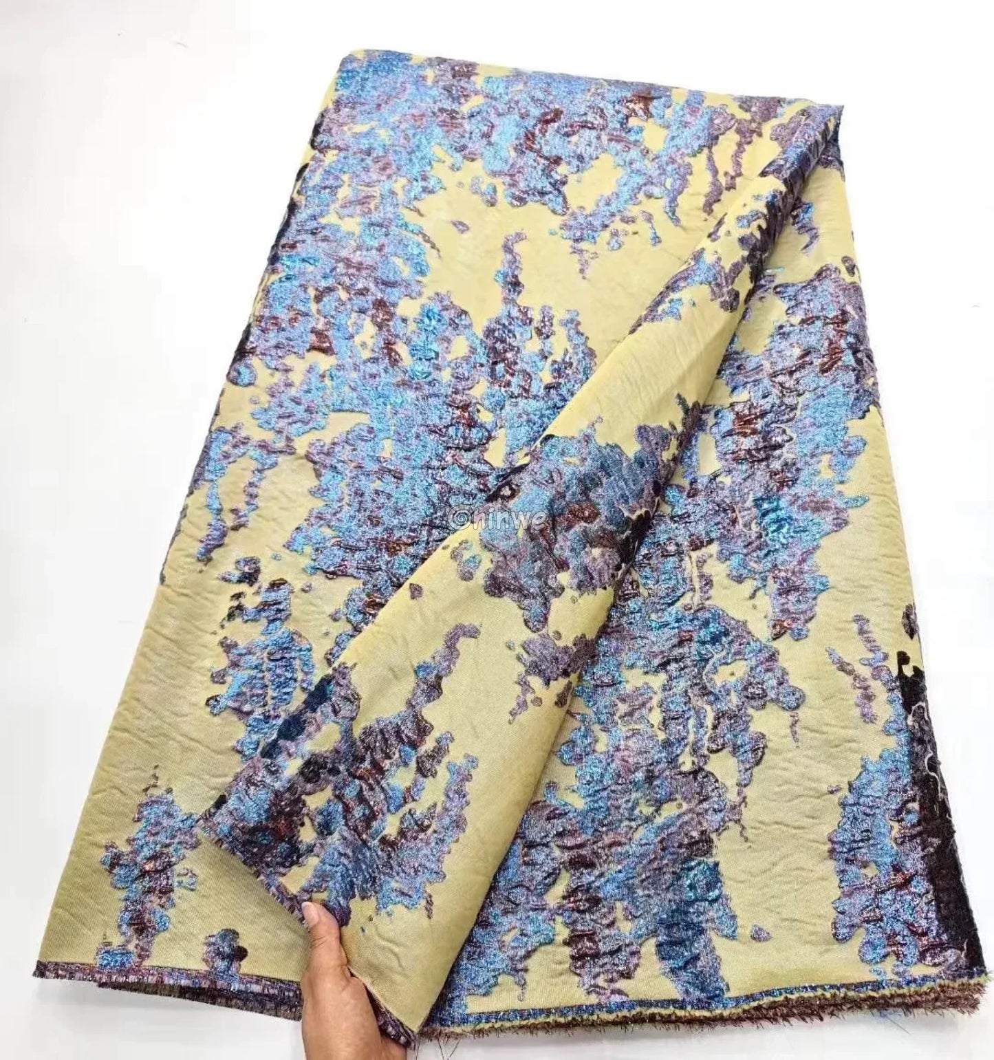 Luxurious Jacquard Brocade with Iridescent Foil Accents & Abstract Marbling Motif Champagne Beige Base with Mint &