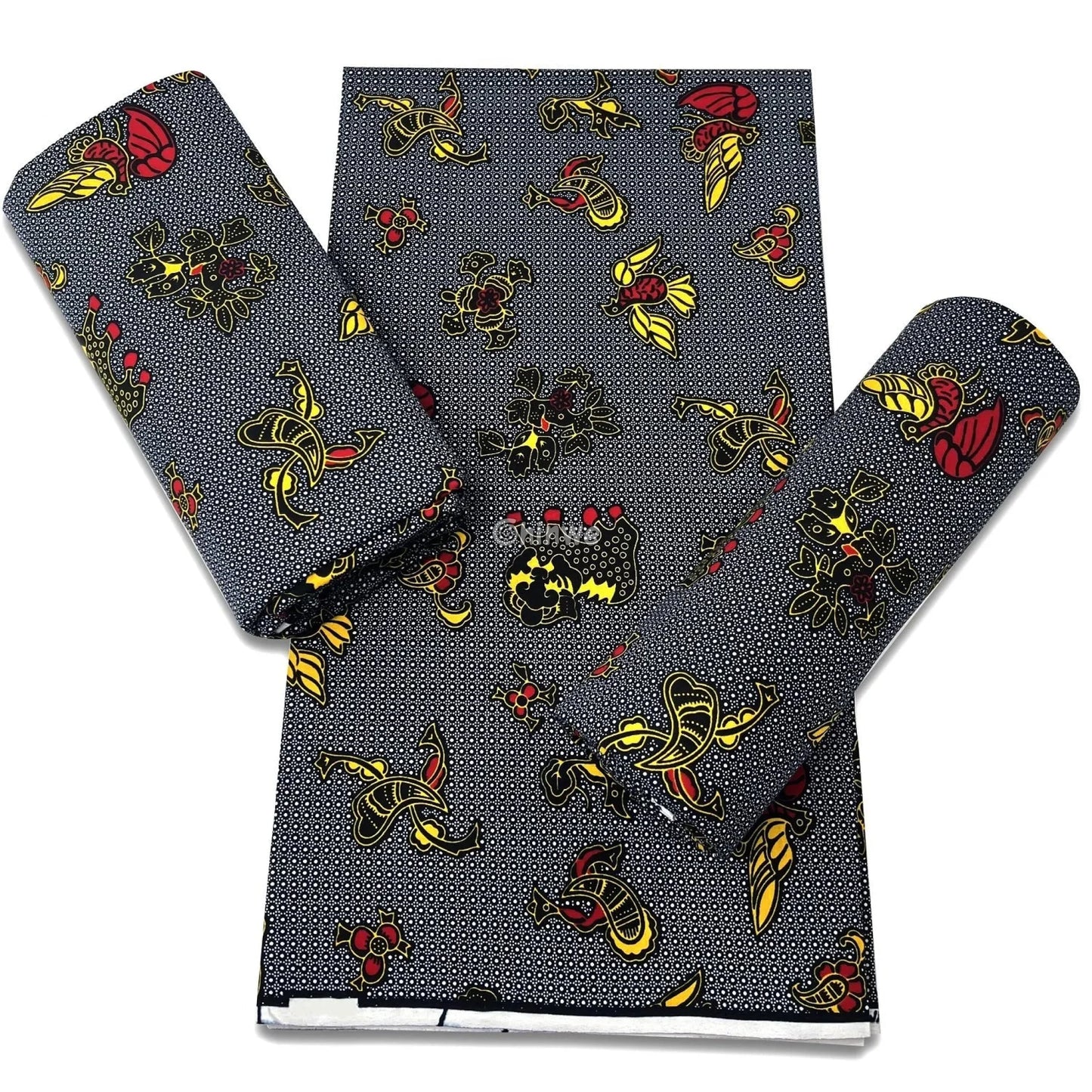 Yellow and Red Stylized Horn and Crown Symbols on a Black Microdot Grid with White Ring Texture Black / 6 yards African