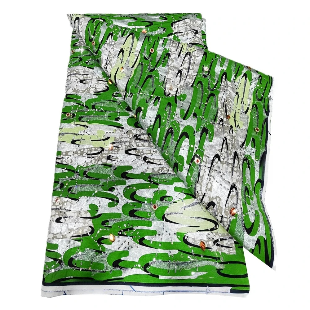 Emerald & Silver Wave Stoned Wax Print – Heavyweight Poplin with Stones, 6 Yards