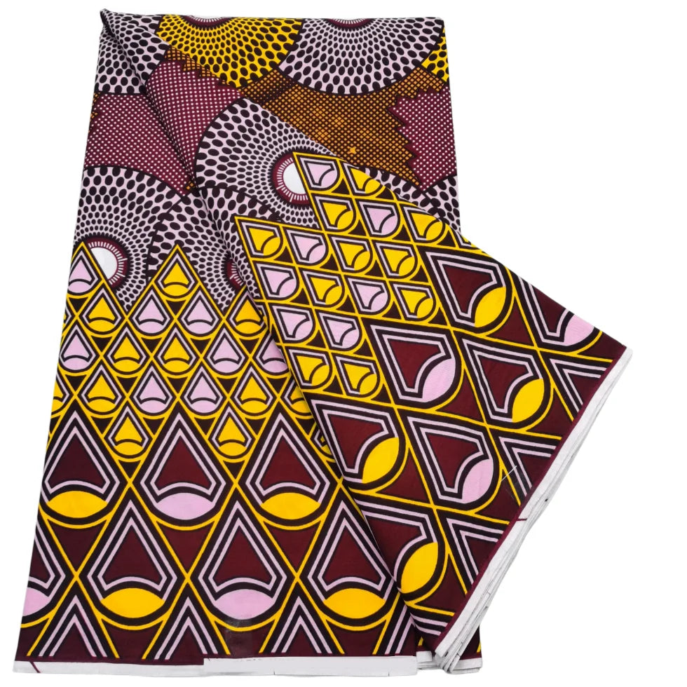 Lilac & Gold Ankara Wax Print Fabric – Sunburst Circles & Triangle Border, 100% Cotton