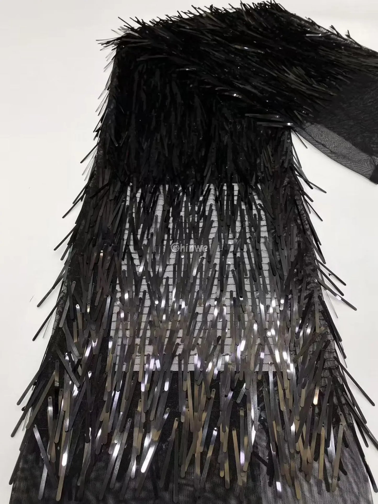 Iridescent Sequin Tinsel Fringe Fabric with Layered Shimmer Strips and Sheer Mesh Base Midnight Black Fringe / 120cm