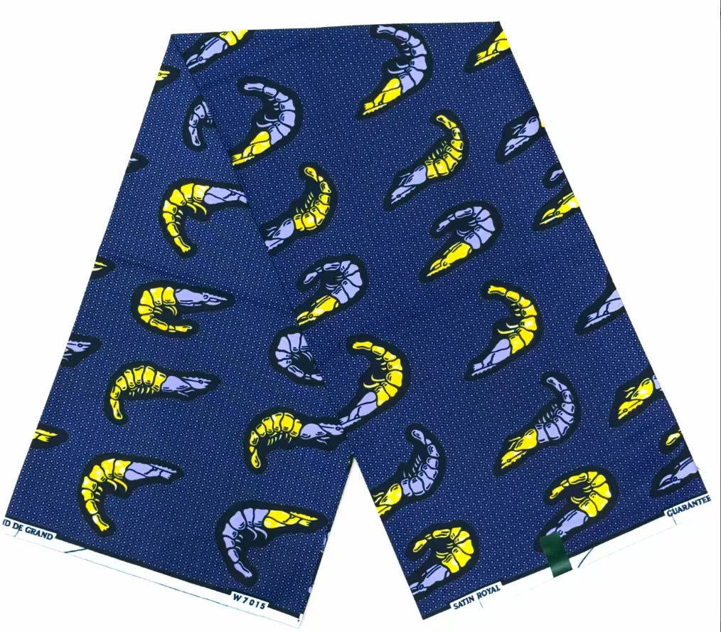 Yellow Prawns on Navy Ankara Jacquard Wax Print – 100% Cotton, 6 Yards