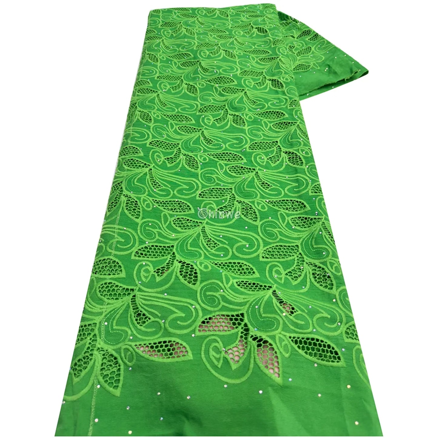 Embroidered Eyelet Lace Fabric with Swirling Leaf & Vine Motif and Crystal Sparkle Accents Lime Radiance / 5 Yards