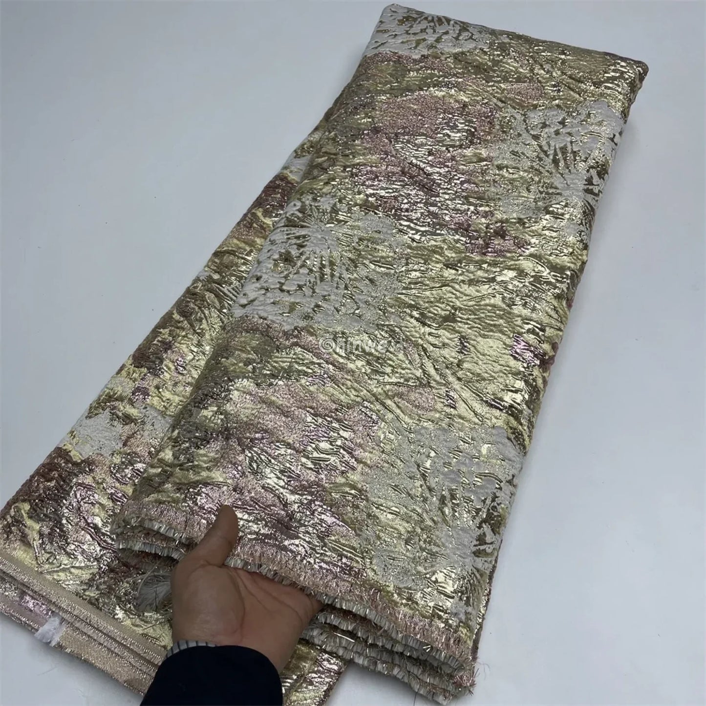 Salouva Premium Jacquard Brocade Lace with Metallic Gold Embroidery & Tulle Base Champagne & Mauve Shimmer / 5 yards