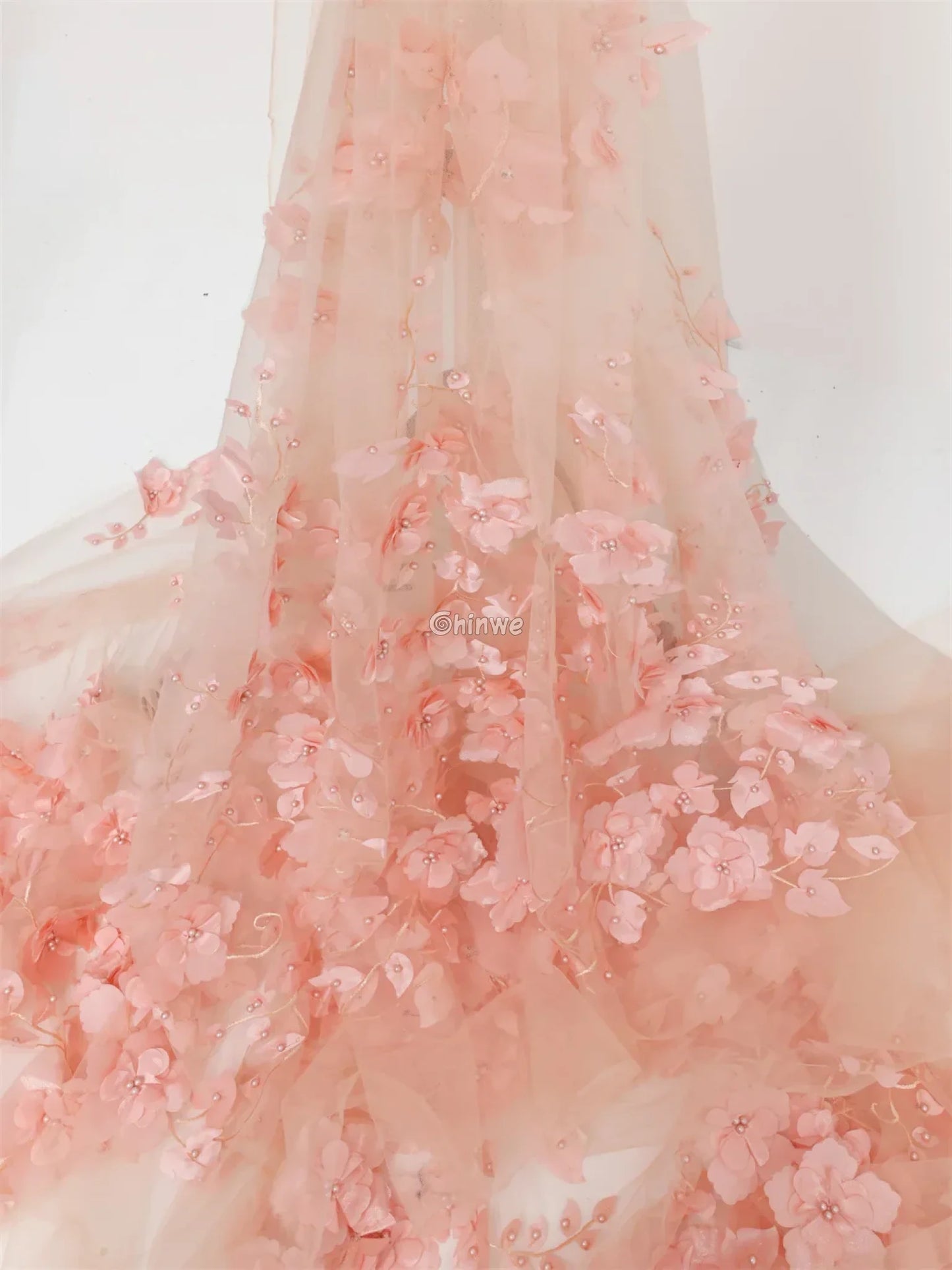 vory Blush Pink Peach & Scarlet Red 3D Floral Appliqué Mesh Lace with Beaded Embroidery