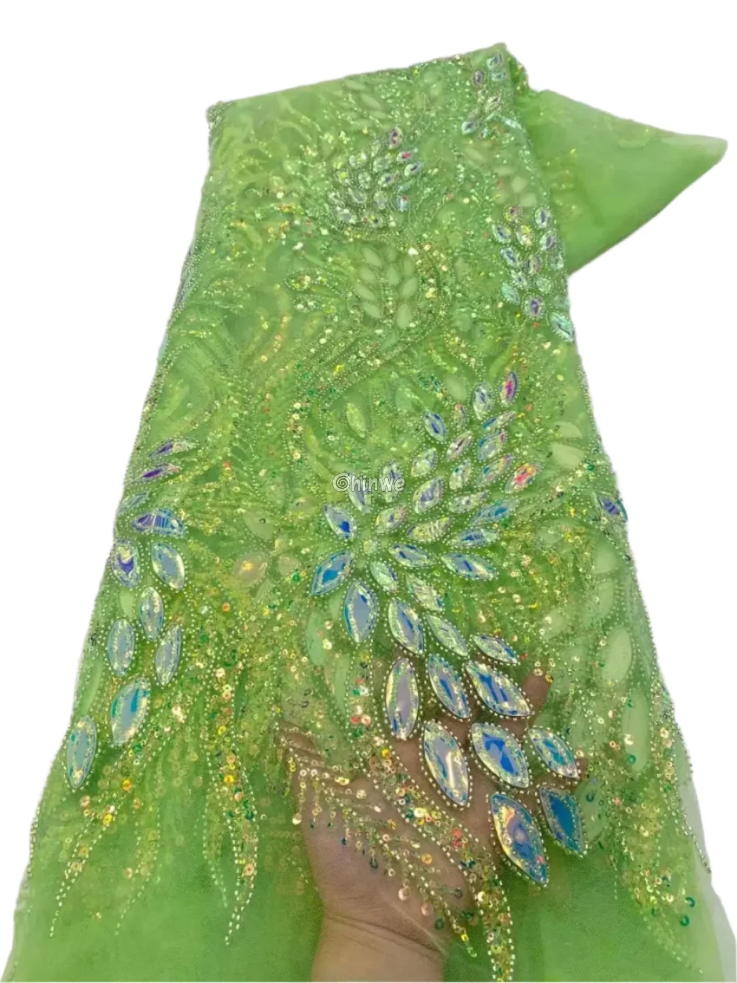 Beaded Scroll Motif Mesh Lace with Gemstone Appliqués & Sequin Embellishment Lime Green / 5 Yards / 120cm Lace