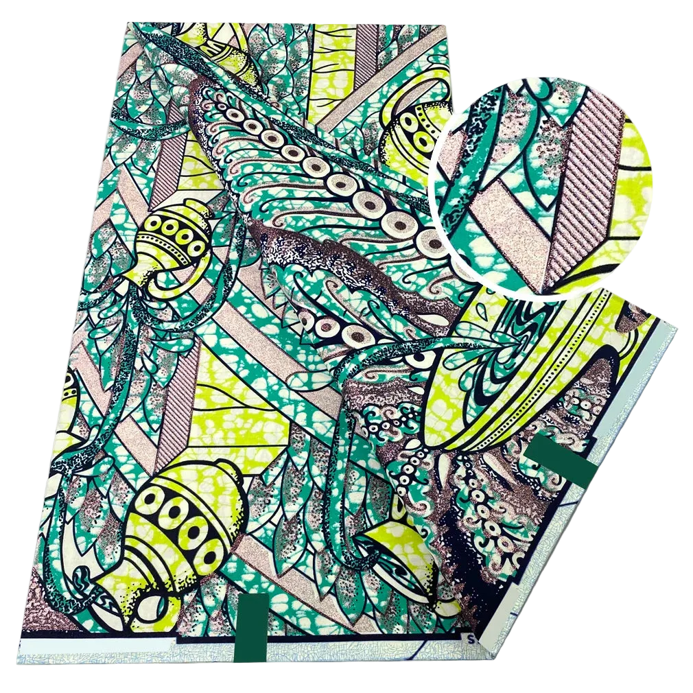 Urn Garden Flash Gold Wax Print – Teal, Sky Blue or Lime, Grand Super Glitter, 6 Yards
