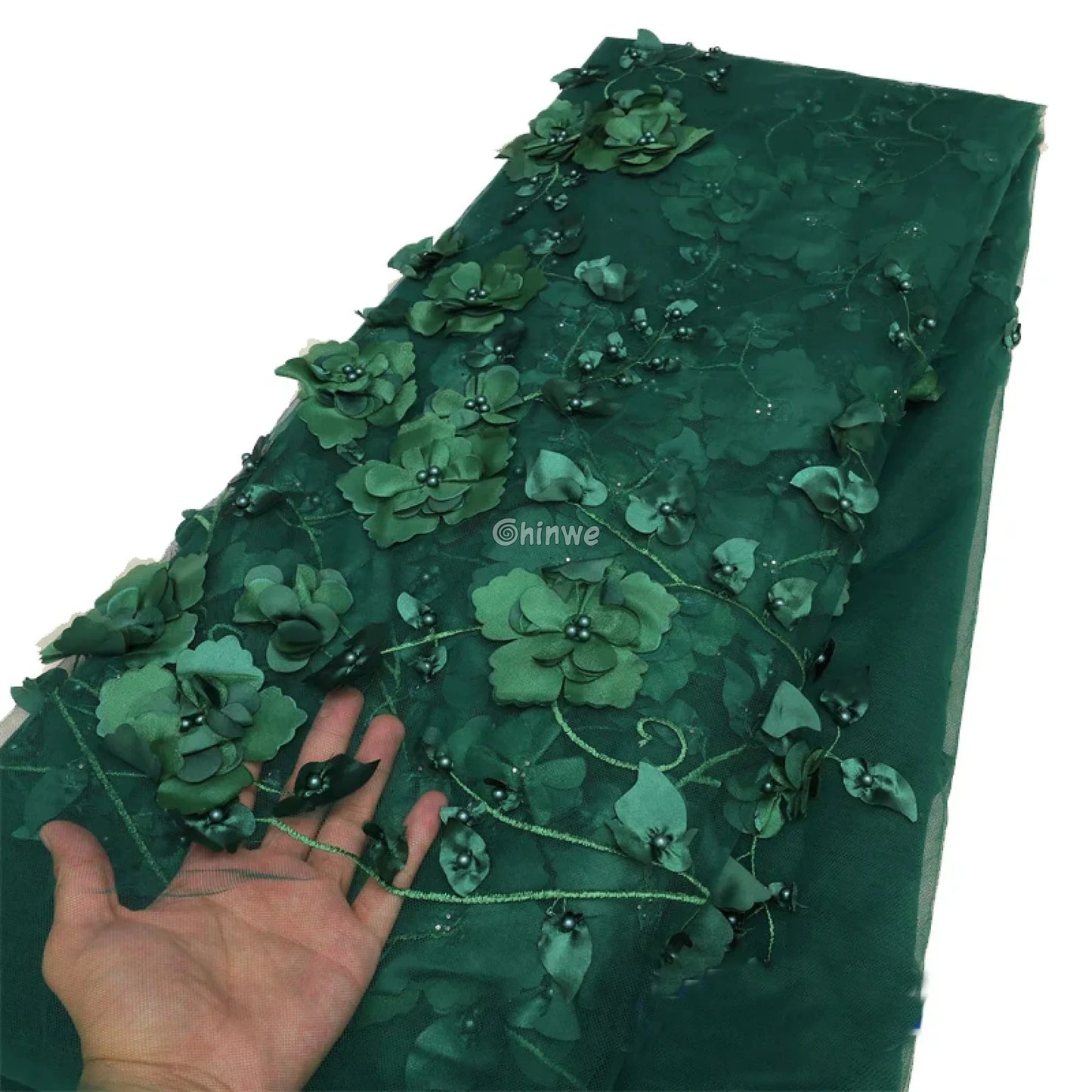 vory Blush Pink Peach & Scarlet Red 3D Floral Appliqué Mesh Lace with Beaded Embroidery Forest Green / 1 Yards / 120cm