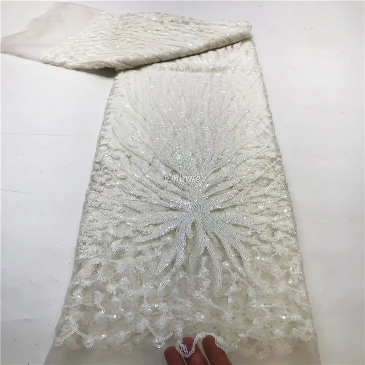 Sequined Burst Embroidered Net Lace with Radiant Flame Motif on Tulle Mesh Ivory Frost / 5 Yards Lace