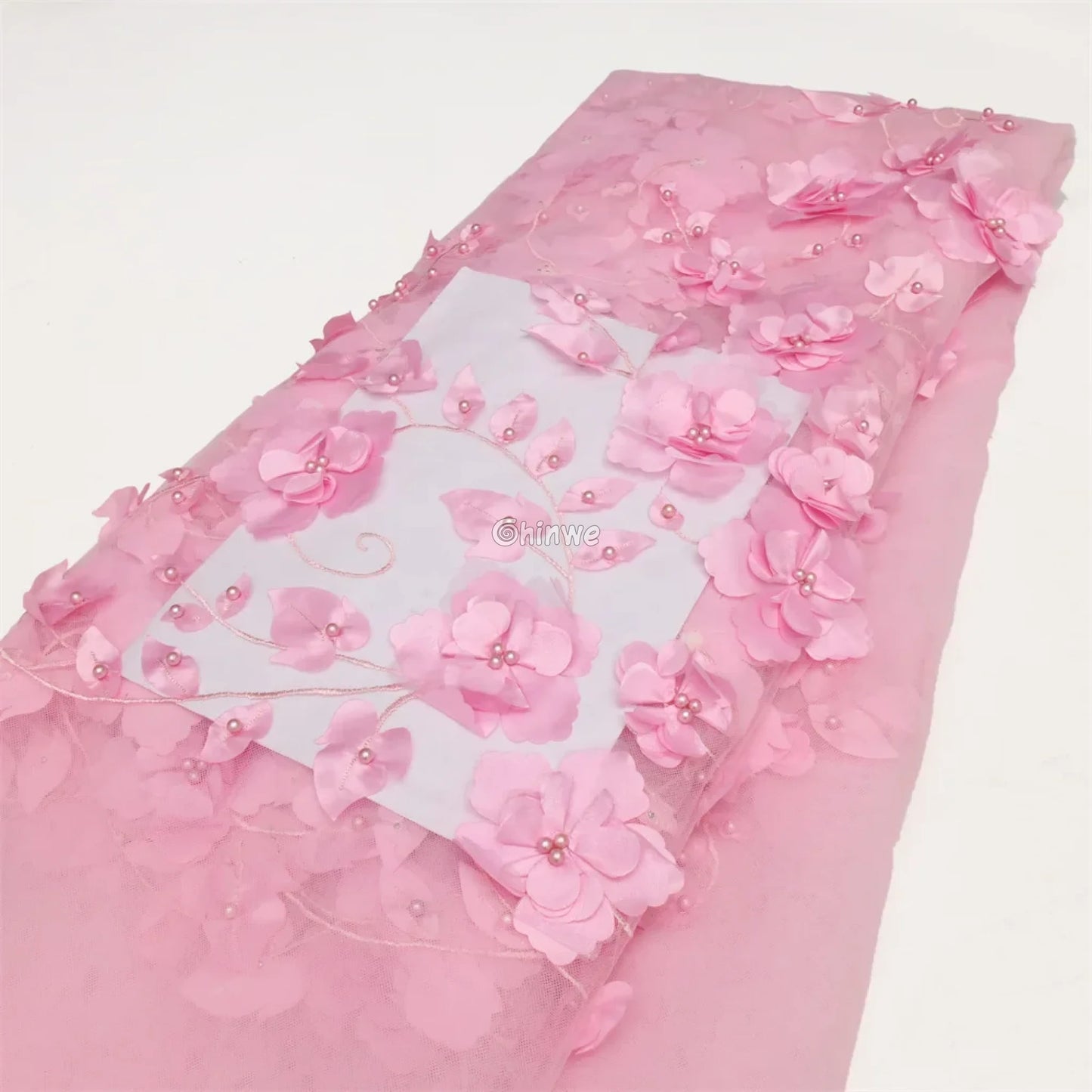 vory Blush Pink Peach & Scarlet Red 3D Floral Appliqué Mesh Lace with Beaded Embroidery